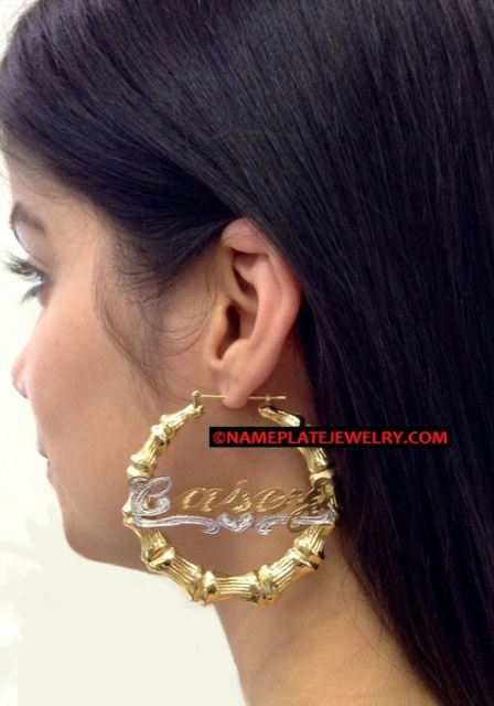 PERSONALIZED 14K GOLD GP 2 3/4"  BAMBOO NAME EARRINGS